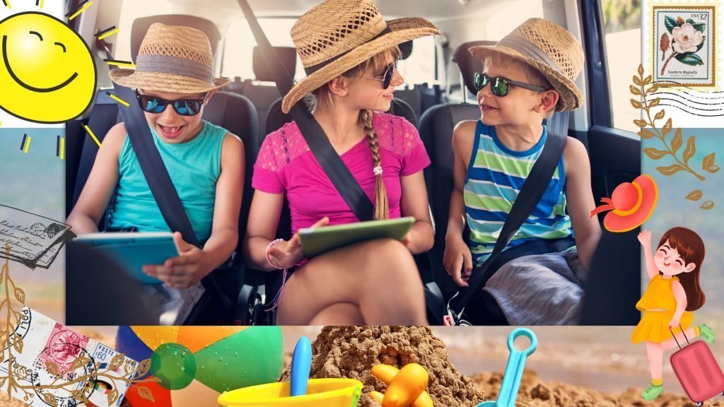 Dzieci z tabletem w podróży Dzieci używające tabletów podczas podróży