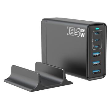Ładowarka biurkowa GaN 135W / 6-portowa szybka stacja ładująca - 3x USB-C, 3x USB-A - czarna
