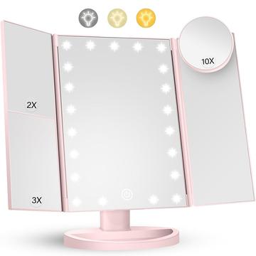 3-stronne składane lusterko do makijażu z 22 diodami LED - powiększenie 1X/2X/3X/10X - różowe