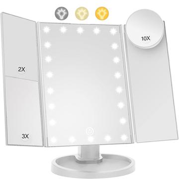 3-stronne składane lusterko do makijażu z 22 diodami LED - powiększenie 1X/2X/3X/10X - białe