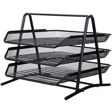 3-poziomowy metalowy siatkowy organizer na pliki - czarny