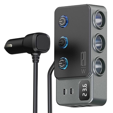 Szybka ładowarka samochodowa 3 w 1 PD 35W - adapter do zapalniczki samochodowej 120W i 5 portów USB - czarna
