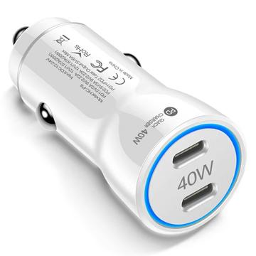 Szybka ładowarka samochodowa 40W Dual USB-C PD z pierścieniem świetlnym LED - biała