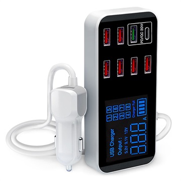 9-Portowa Ładowarka Samochodowa z Wyświetlaczem LCD - 7xUSB, USB QC3.0, USB-C PD - 40 W