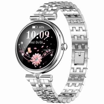 Damski smartwatch AK73 z paskiem ze stali nierdzewnej wysadzanym kryształkami - srebrny