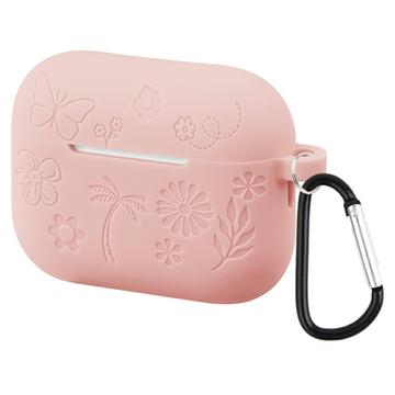 AirPods Pro 3 Wzór kwiatowy Etui silikonowe z karabińczykiem - jasnoróżowy