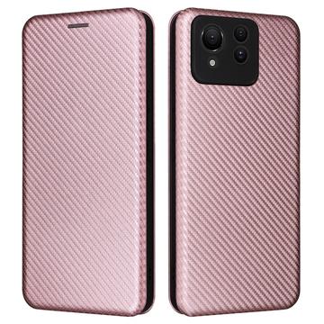 Asus Zenfone 11 Ultra Etui z Klapką - Włókno Węglowe - Różowe Złoto