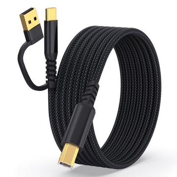 Pleciony kabel 2 w 1 USB-A / USB-C do USB-B - 5m - Czarny