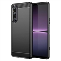 Sony Xperia 1 V Szczotkowane Etui z TPU - Włókno Węglowe - Czerń