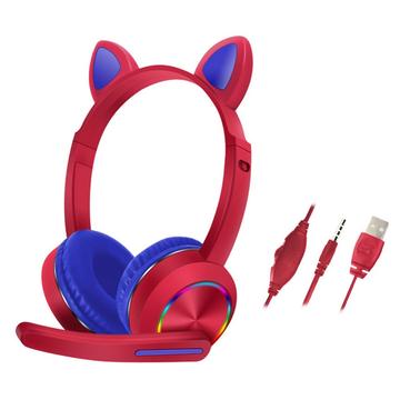 Przewodowe słuchawki nauszne Cat Ears AKZ-020 dla dzieci / zestaw słuchawkowy do gier z mikrofonem - czerwone