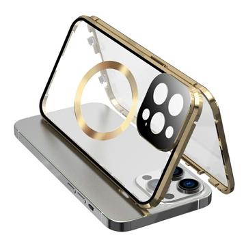 Kompatybilny z etui MagSafe do iPhone\'a 15 Pro Magnetyczna metalowa ramka + dwustronna osłona telefonu ze szkła hartowanego z zamkiem klamrowym - złoty