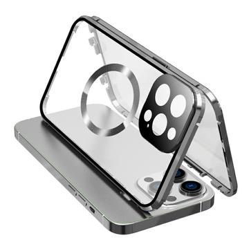 Kompatybilny z etui MagSafe do iPhone\'a 15 Pro Magnetyczna metalowa ramka + dwustronna osłona telefonu ze szkła hartowanego z zamkiem klamrowym - srebrny