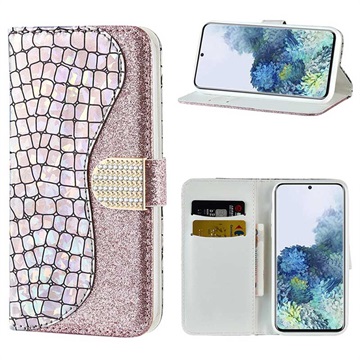 Etui z Portfelem Croco Bling do Samsung Galaxy S21+ 5G - Różowe Złoto