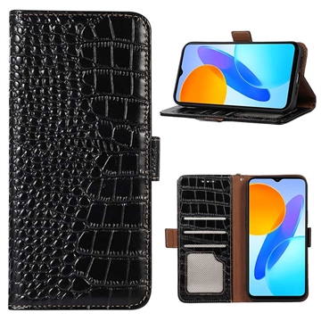 iPhone 14 Skórzane Etui z Portfelem Crocodile z RFID - Czarne
