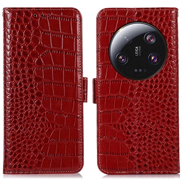 Xiaomi 13 Ultra Skórzane Etui z Portfelem Crocodile z RFID - Czerwień