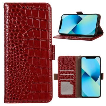 iPhone 14 Skórzane Etui z Portfelem Crocodile z RFID - Czerwień