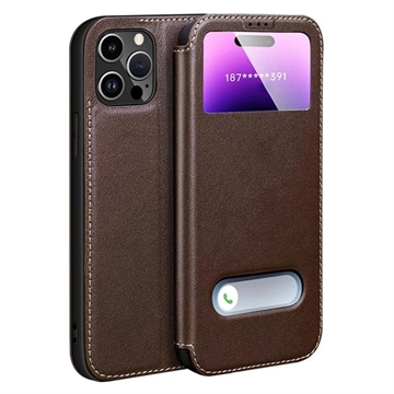 iPhone 16 Pro Max Etui skórzane z podwójnym widokiem i klapką - brązowy