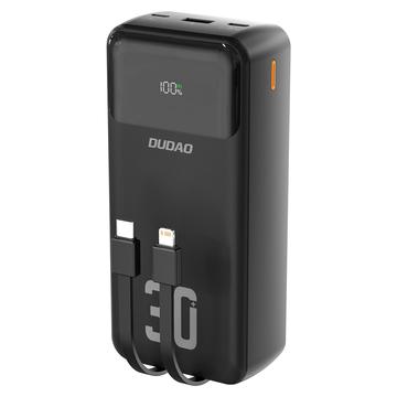 Power Bank Dudao K15MAX 30000mAh - szybkie ładowanie PD i QC o mocy 22.5W, wbudowane kable USB-C i Lightning - czarny