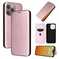 iPhone 15 Pro Etui z Klapką - Włókno Węglowe - Różowe Złoto