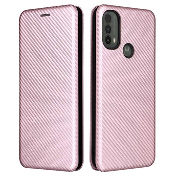 Motorola Moto E30/E40 Etui z Klapką - Włókno Węglowe - Różowe Złoto