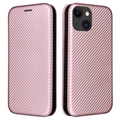 iPhone 15 Etui z Klapką - Włókno Węglowe - Różowe Złoto