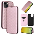 iPhone 15 Plus Etui z Klapką - Włókno Węglowe - Różowe Złoto