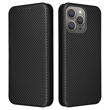 iPhone 15 Pro Max Etui z Klapką - Włókno Węglowe - Czarne