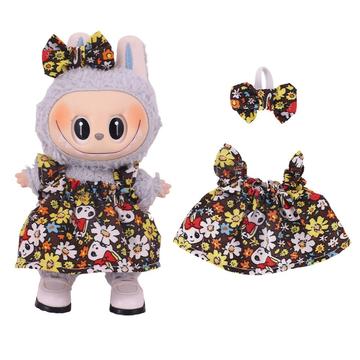 Kwiecista sukienka imprezowa i opaska z kokardą dla mini figurki Labubu 17cm - brązowa