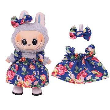 Kwiecista sukienka imprezowa i opaska z kokardą dla mini figurki Labubu 17cm - ciemnoniebieska