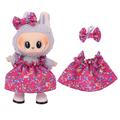 Kwiatowa sukienka imprezowa i opaska z kokardą dla mini figurki Labubu 17cm - gorący róż