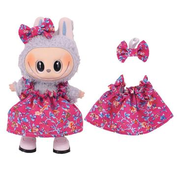 Kwiatowa sukienka imprezowa i opaska z kokardą dla mini figurki Labubu 17cm - gorący róż