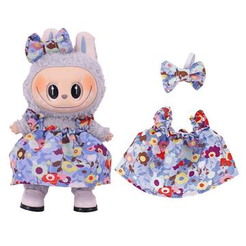 Kwiatowa sukienka imprezowa i opaska z kokardą dla mini figurki Labubu 17cm - jasnoniebieska