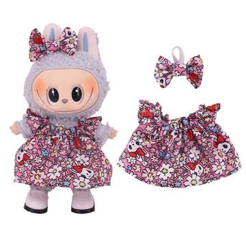 Kwiatowa sukienka imprezowa i opaska z kokardą dla mini figurki Labubu 17cm - różowa