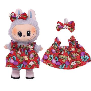 Kwiatowa sukienka imprezowa i opaska z kokardą dla mini figurki Labubu 17cm - czerwona
