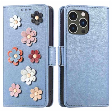 iPhone 14 Pro Etui-Portfel z Serii Flower Decor - Niebieskie