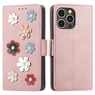 iPhone 14 Pro Etui-Portfel z Serii Flower Decor - Różowe złoto