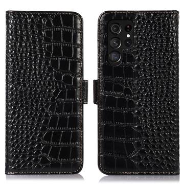 Samsung Galaxy S23 Ultra 5G Skórzane Etui z Portfelem Crocodile z RFID - Czarne