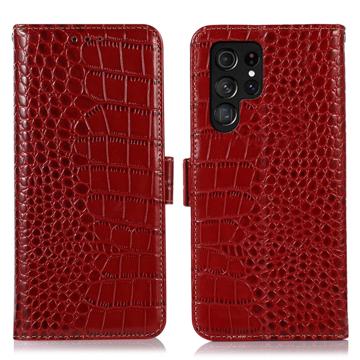 Samsung Galaxy S23 Ultra 5G Skórzane Etui z Portfelem Crocodile z RFID - Czerwień