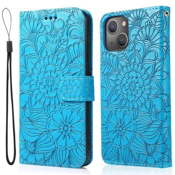 Flowers iPhone 14 Etui z Portfelem - Niebieski