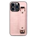 Powlekane Etui do iPhone’a 14 Pro z Paskiem na Rękę i Gniazdem na Kartę - Krokodyl - Róż