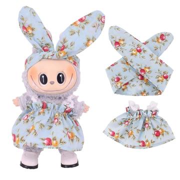 Ogrodowa sukienka i opaska na głowę dla mini figurki Labubu 17cm - niebieska