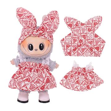 Ogrodowa sukienka i opaska na głowę dla mini figurki Labubu 17cm - Serca