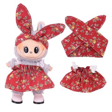 Ogrodowa sukienka i opaska na głowę dla mini figurki Labubu 17cm - czerwona