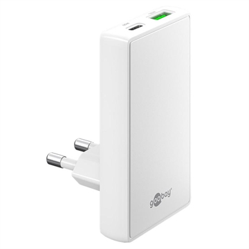 Goobay GaN Podwójna szybka ładowarka 90° płaska - 65W, USB-C i USB-A - Biały