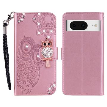 Google Pixel 8 Owl Rhinestone Wallet Case - różowe złoto