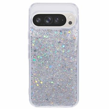 Google Pixel 9 Pro XL Etui z TPU Glitter Flakes - Srebrny