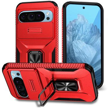 Google Pixel 9/9 Pro Hybrydowe Etui z Pierścieniem Obrotowym z Osłoną Aparatu - Czerwień