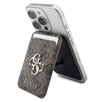 Metalowe etui na karty Guess 4G z logo i podstawką - kompatybilne z MagSafe - brązowe