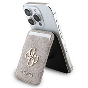 Metalowe etui na karty Guess 4G z logo i podstawką - kompatybilne z MagSafe - różowe