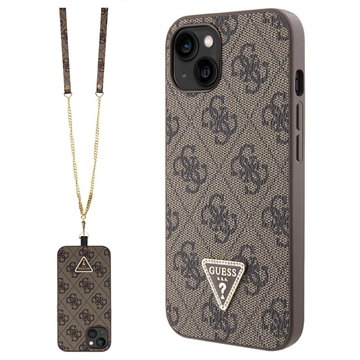 iPhone 15 Guess 4G Strass Triangle Metal Logo Etui z Crossbody Ramię - Brąz